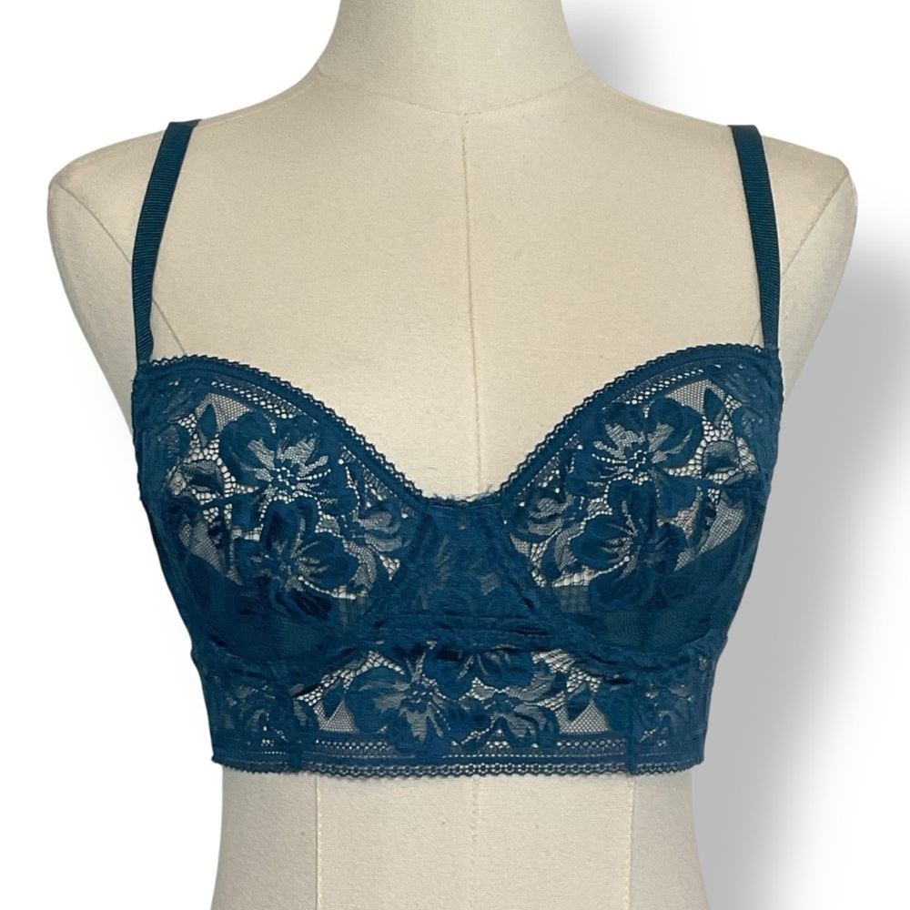 Free People Bra 32 D Teal Blue‎ Green Turquoise Lace Bustier Intimately NWT
